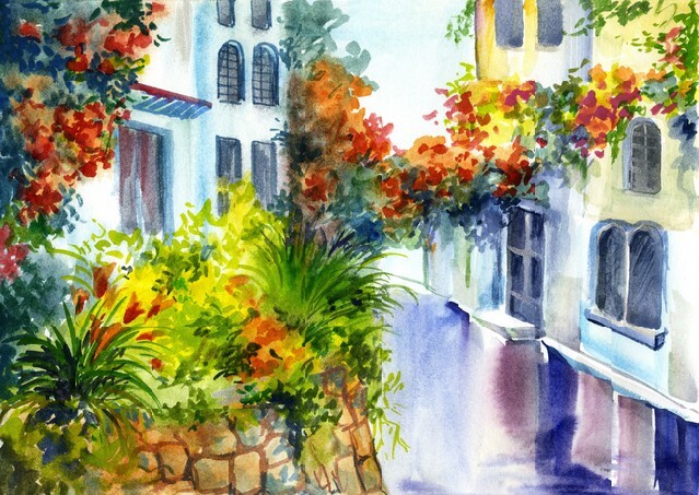 Watercolor painting - flowers near the house